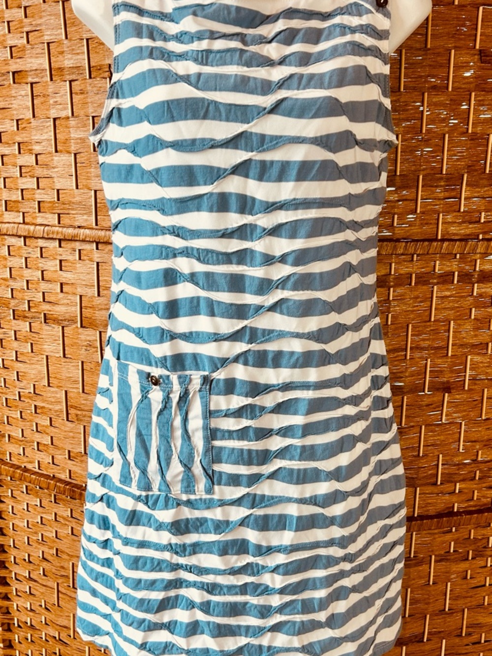 Coastal Striped Shift Dress Blue White Textured Beach Resort Medium
